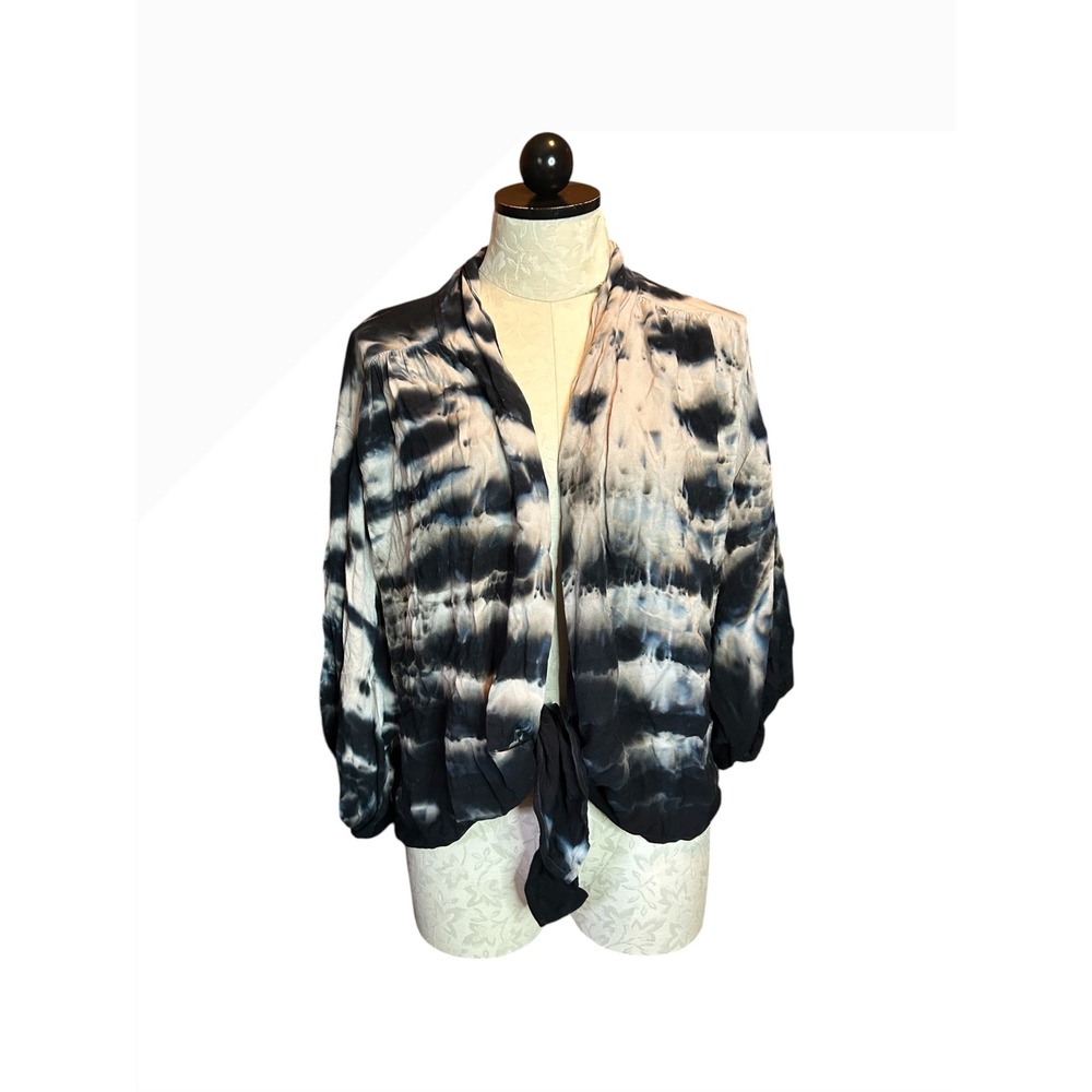 Young Fabulous & Broke Open Rayon Black White Tie Dye Front Tie Cardigan Top S